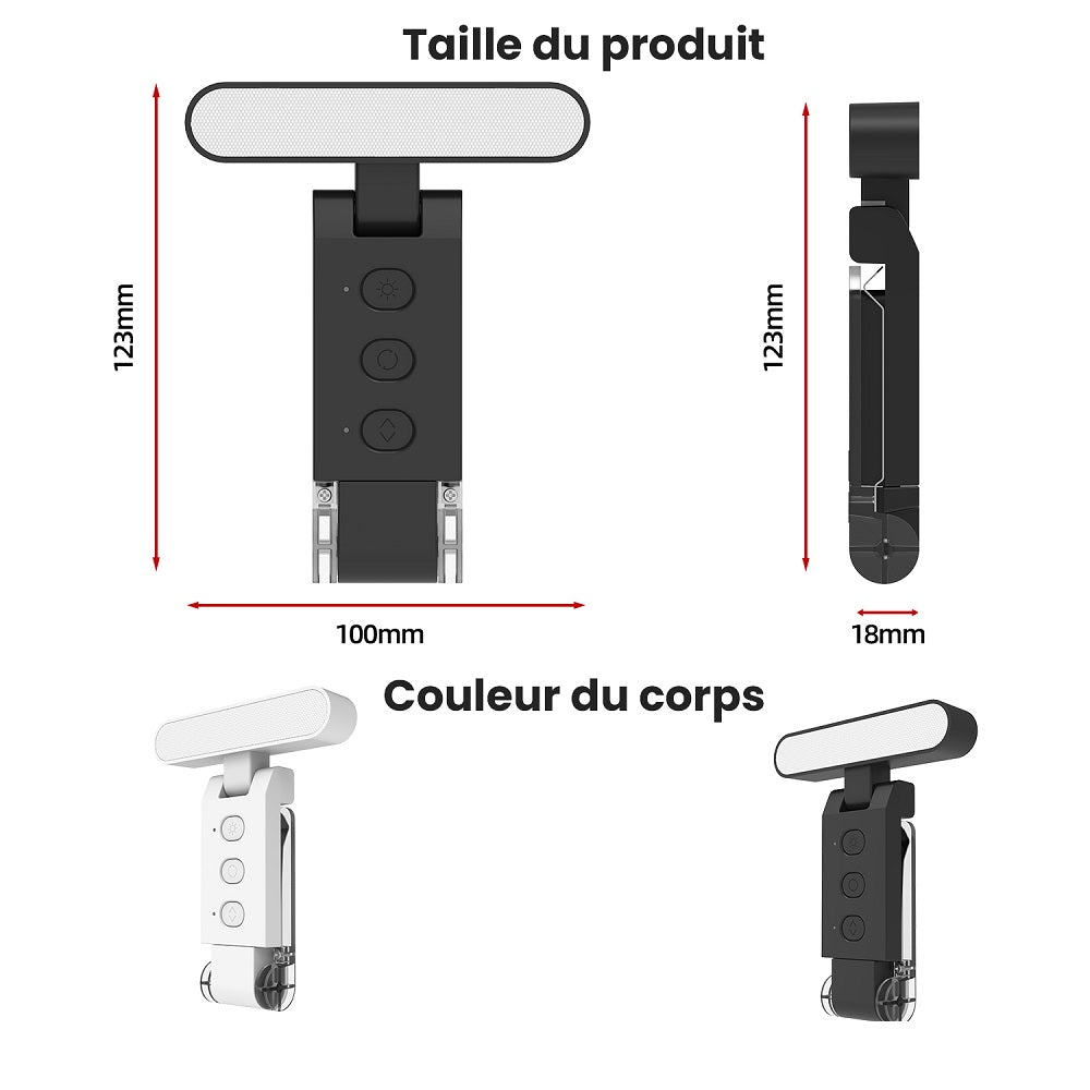 Lampe de lecture LED à pince couleur noire