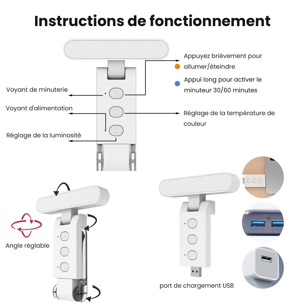 Lampe de lecture LED à pince couleur noire