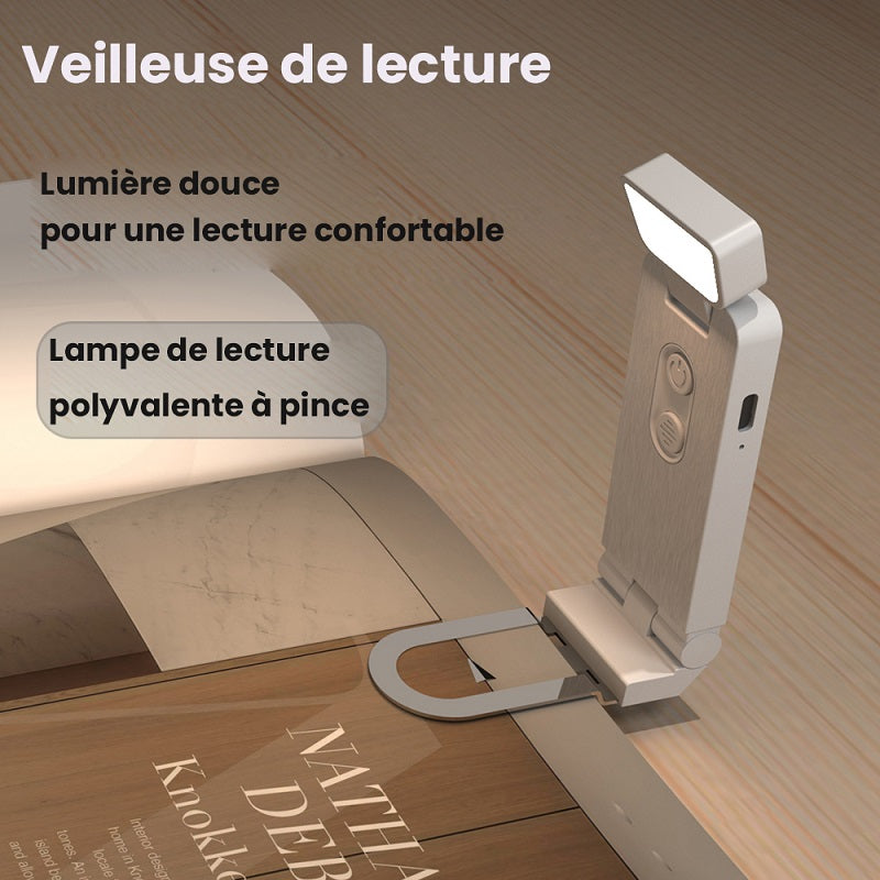 Lampe de Lecture LED Carrée à Pince Blanche - 5W Rechargeable 7h